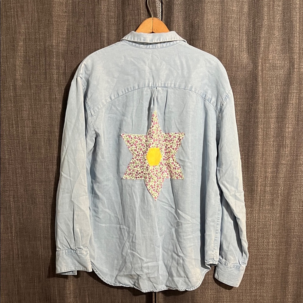 Handmade upcycled denim button down large shirt with scrap design
